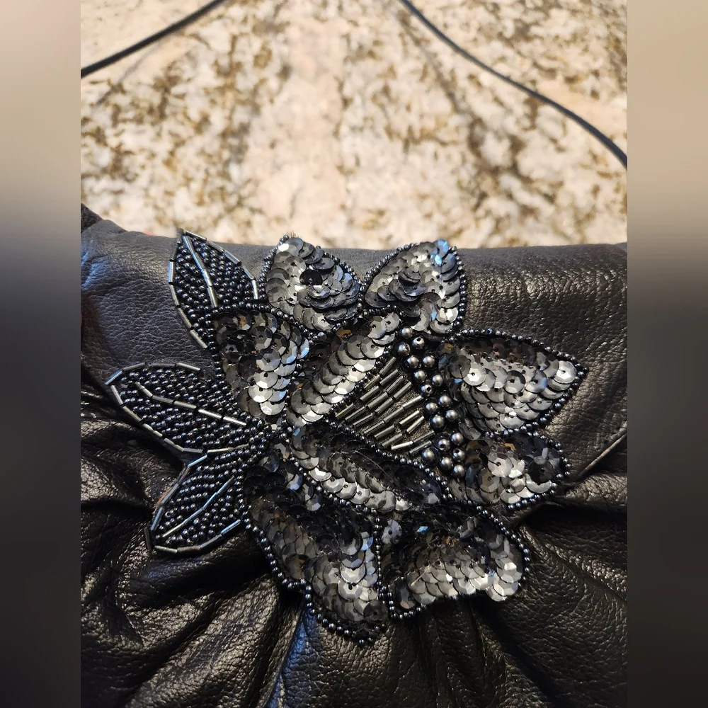 Vintage Purse Sequined, Beaded Black Leather, Bags By SuZettes EUC 80s, Formal